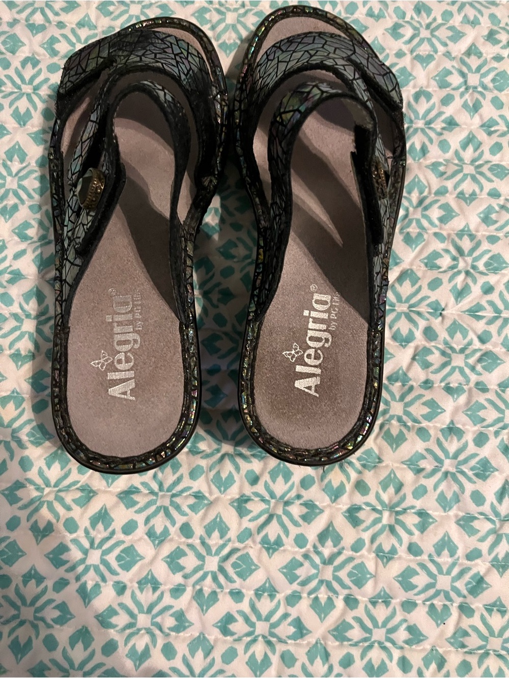 Alegria Black Iridescent Mosaic Strap Sandals